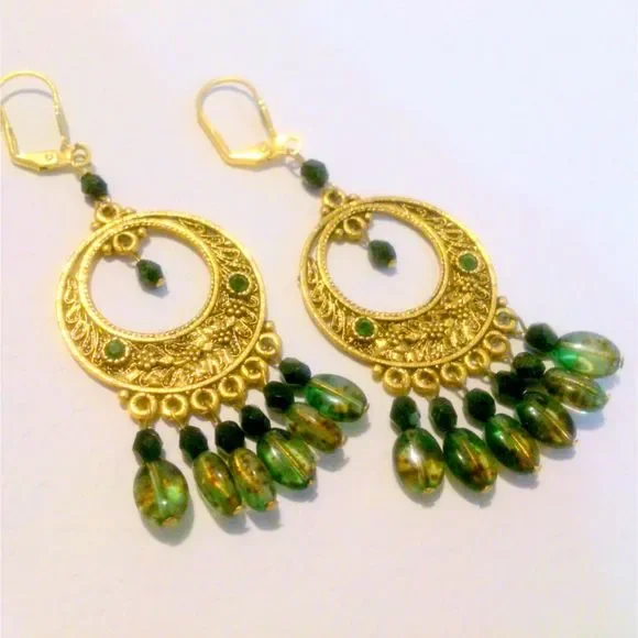 Bohemian Ornate Gold Tone Green Bead and Rhinestone Drop Earrings - Picture 2 of 3